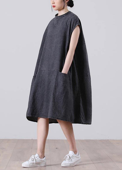 Plus Size Grey Sleeveless Pockets Loose Vacation Summer Cotton Dress - SooLinen