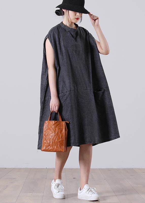 Plus Size Grey Sleeveless Pockets Loose Vacation Summer Cotton Dress - SooLinen