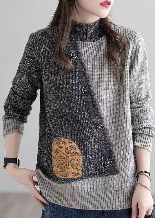 Plus Size Grau Stehkragen Patchwork Knopf Strickpullover Winter