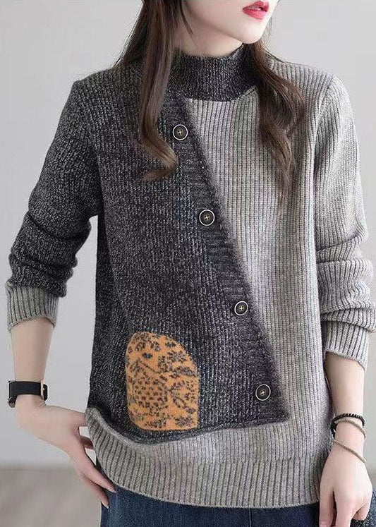 Plus Size Grau Stehkragen Patchwork Knopf Strickpullover Winter