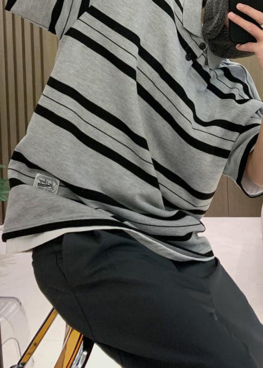 Plus Size Grey Striped Button Cotton Men Polo Shirts Summer
