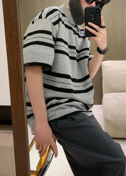 Plus Size Grey Striped Button Cotton Men Polo Shirts Summer