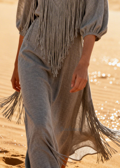Plus Size Grey Tasseled Oversized Cotton Holiday Dresses Summer