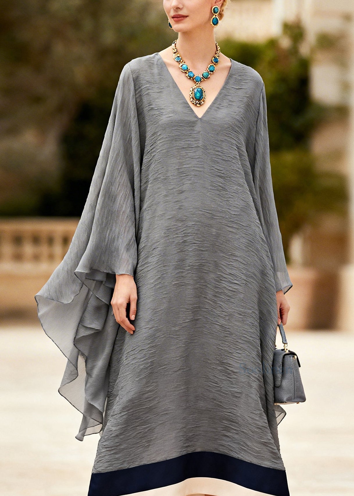 Plus Size Grey V Neck Patchwork Cotton Long Dress