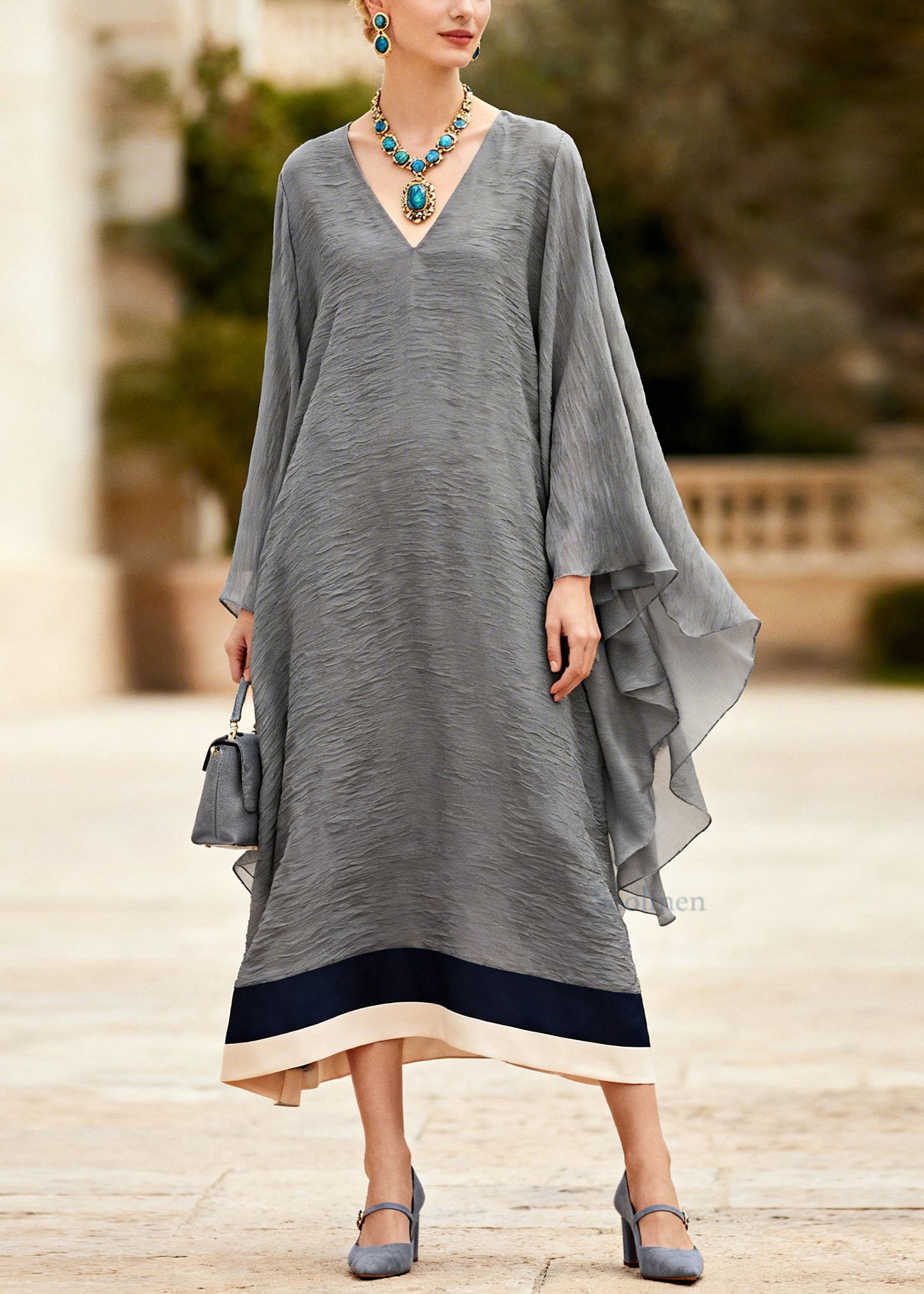 Plus Size Grey V Neck Patchwork Cotton Long Dress