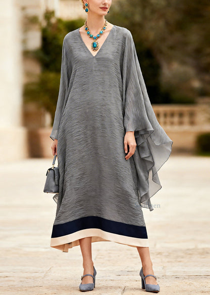 Plus Size Grey V Neck Patchwork Cotton Long Dress