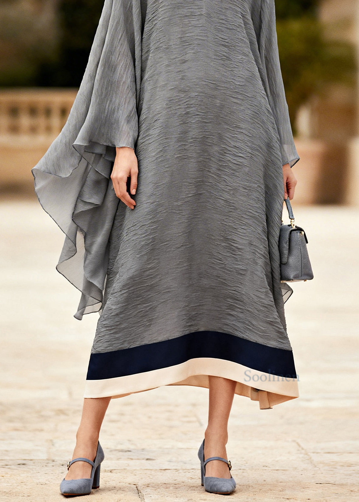 Plus Size Grey V Neck Patchwork Cotton Long Dress