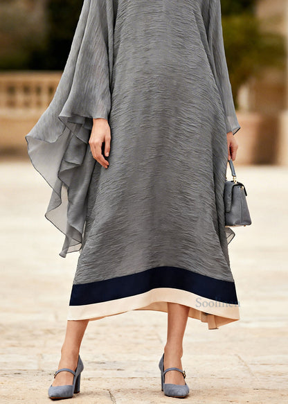 Plus Size Grey V Neck Patchwork Cotton Long Dress