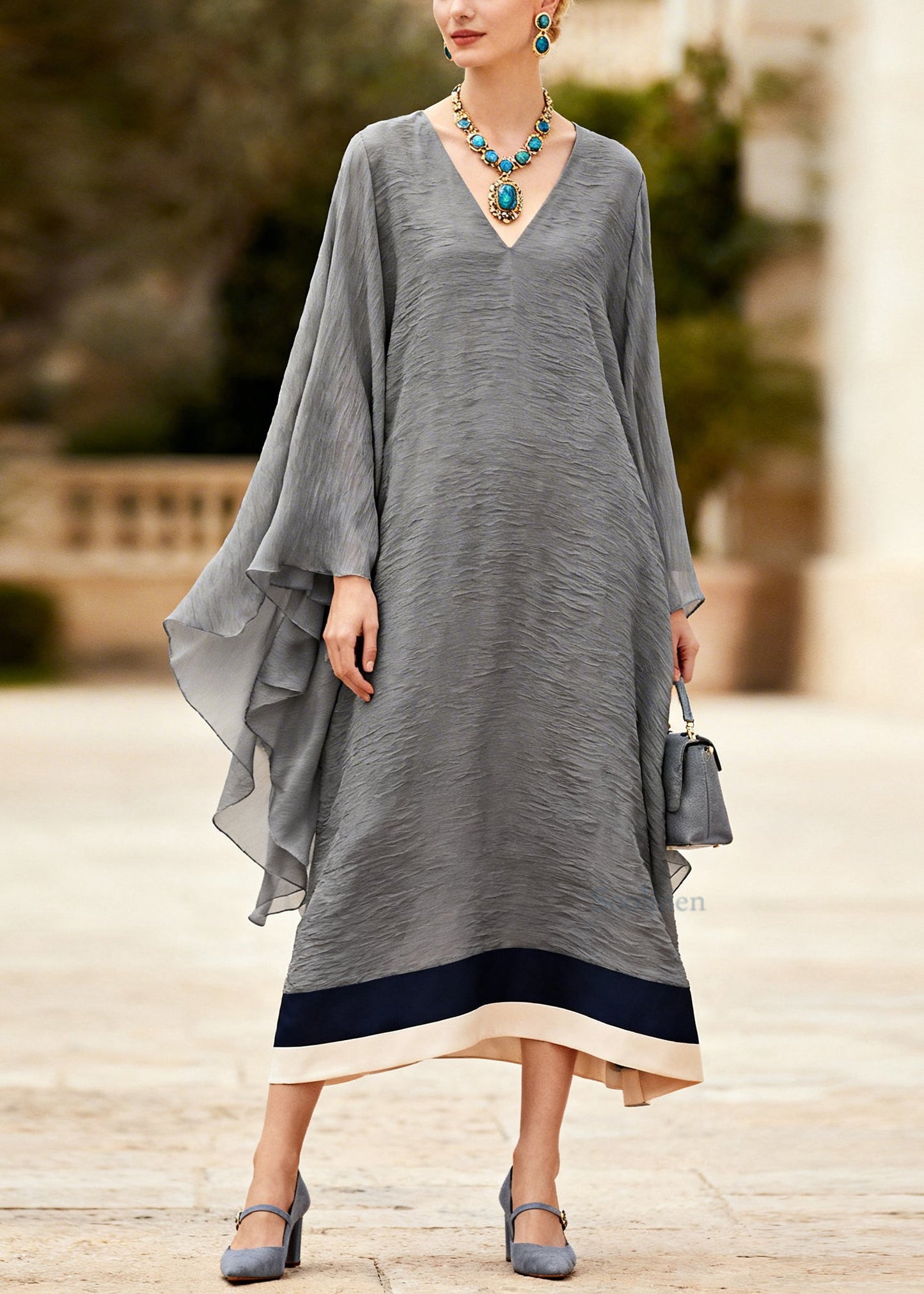 Plus Size Grey V Neck Patchwork Cotton Long Dress