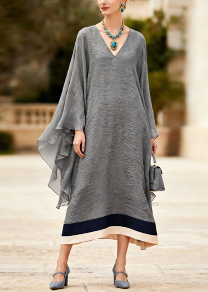 Plus Size Grey V Neck Patchwork Cotton Long Dress