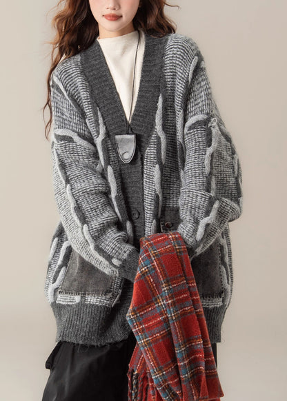 Plus Size Grey V Neck Pockets Patchwork Knit Coats Spring