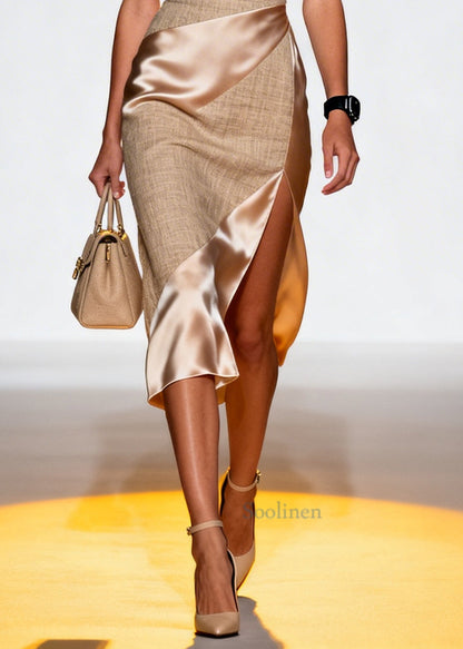 Plus Size Khaki Asymmetrical Patchwork Side Open Linen Silk Dresses Summer