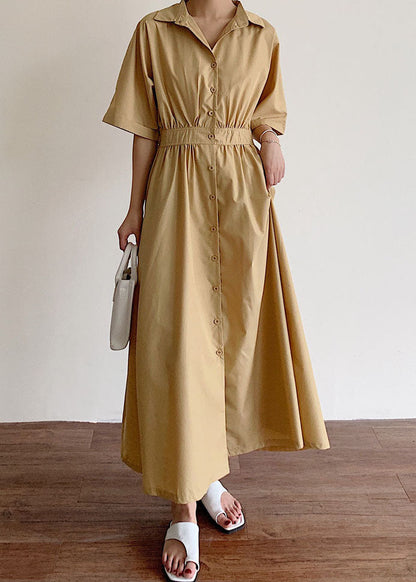 Plus Size Khaki Button Baumwollkleid Frühling