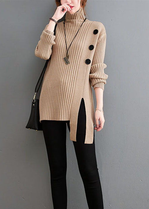 Plus Size Khaki Button Strickpullover Rollkragen Winter