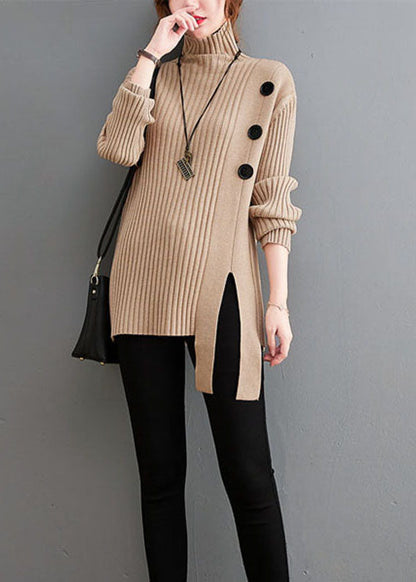 Plus Size Khaki Button Strickpullover Rollkragen Winter