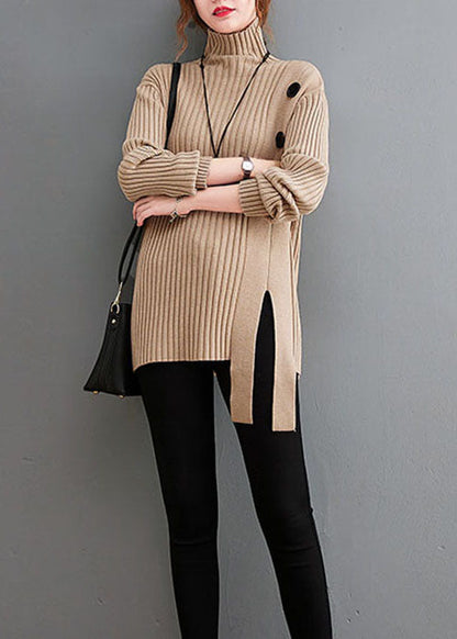 Plus Size Khaki Button Strickpullover Rollkragen Winter