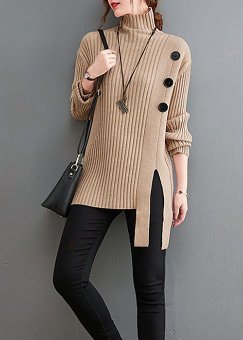 Plus Size Khaki Button Strickpullover Rollkragen Winter