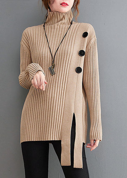 Plus Size Khaki Button Strickpullover Rollkragen Winter