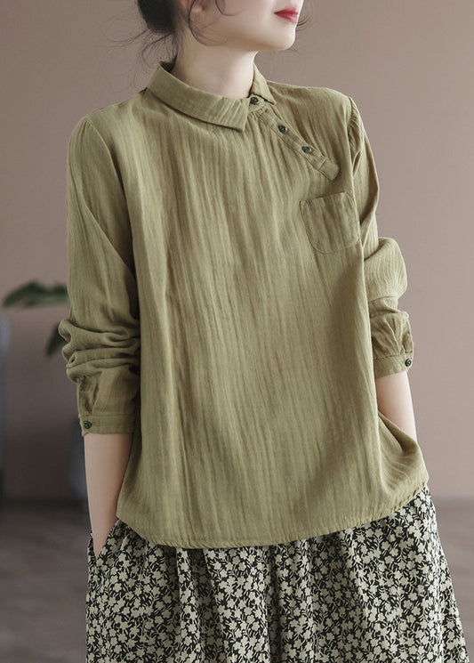 Plus Size Khaki Button Peter Pan Kragen asymmetrisches Design Baumwolle Tops Langarm