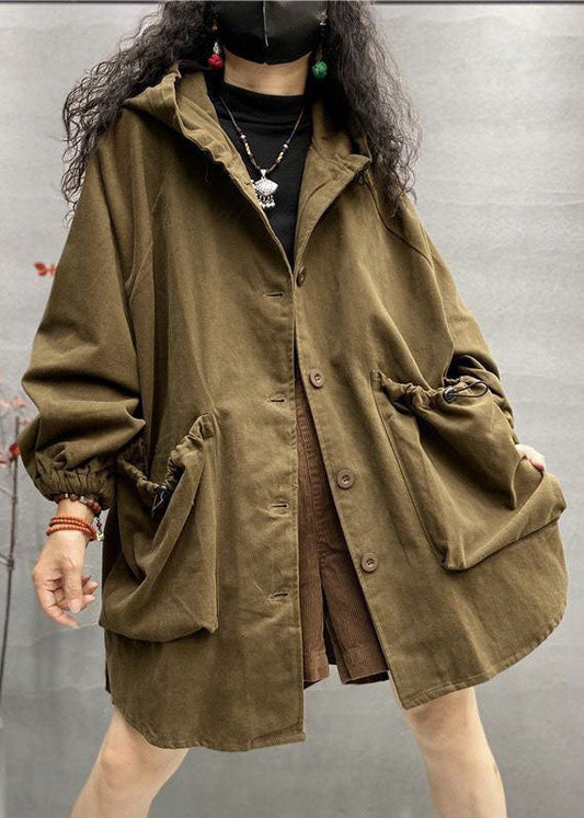 Plus Size Khaki Kapuze Kordelzug Große Taschen Baumwollmäntel Frühling