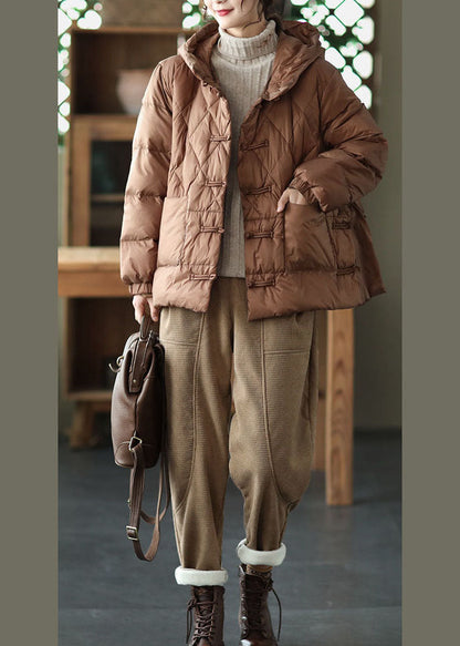 Plus Size Khaki Kapuze Oriental Button Taschen Entendaunen Daunenjacke Winter