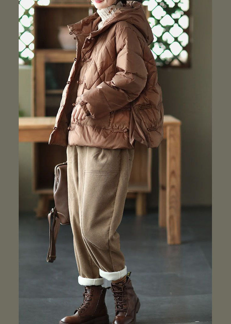 Plus Size Khaki Kapuze Oriental Button Taschen Entendaunen Daunenjacke Winter