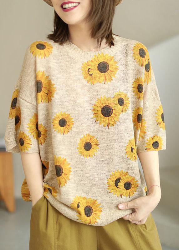 Plus Size Khaki Knit O-Neck Loose Floral Fall Half Sleeve Top - SooLinen