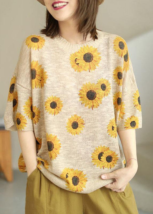 Plus Size Khaki Knit O-Neck Loose Floral Fall Half Sleeve Top - SooLinen