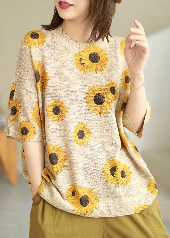 Plus Size Khaki Knit O-Neck Loose Floral Fall Half Sleeve Top - SooLinen