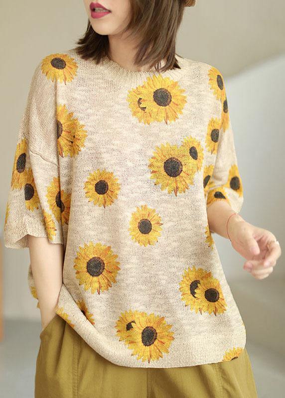 Plus Size Khaki Knit O-Neck Loose Floral Fall Half Sleeve Top - SooLinen