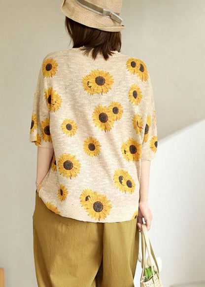Plus Size Khaki Knit O-Neck Loose Floral Fall Half Sleeve Top - SooLinen