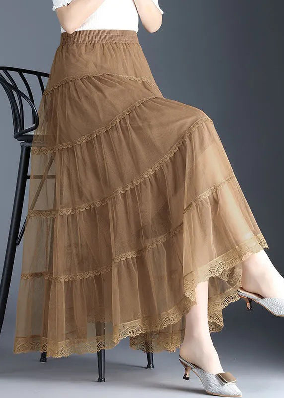 Khakifarbener, gestufter Herbstrock aus Spitze in Übergröße