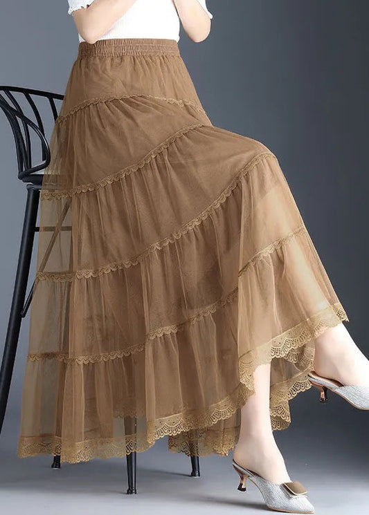 Khakifarbener, gestufter Herbstrock aus Spitze in Übergröße
