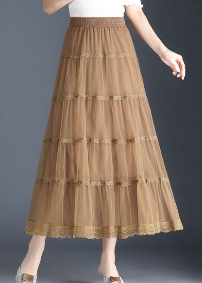 Khakifarbener, gestufter Herbstrock aus Spitze in Übergröße