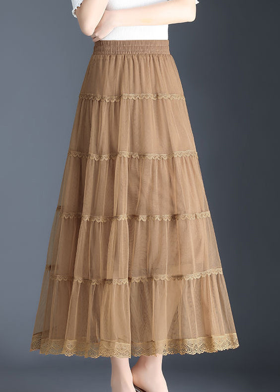 Khakifarbener, gestufter Herbstrock aus Spitze in Übergröße