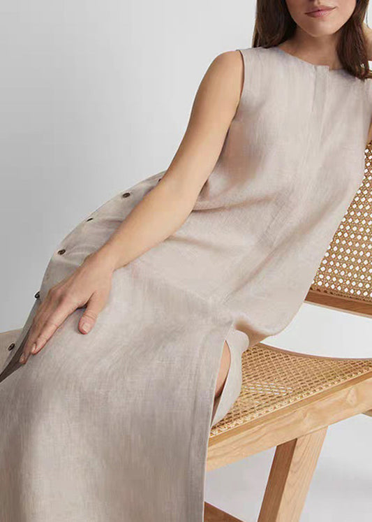 Plus Size Khaki O-Neck Low High Design Robe Dresses Sleeveless