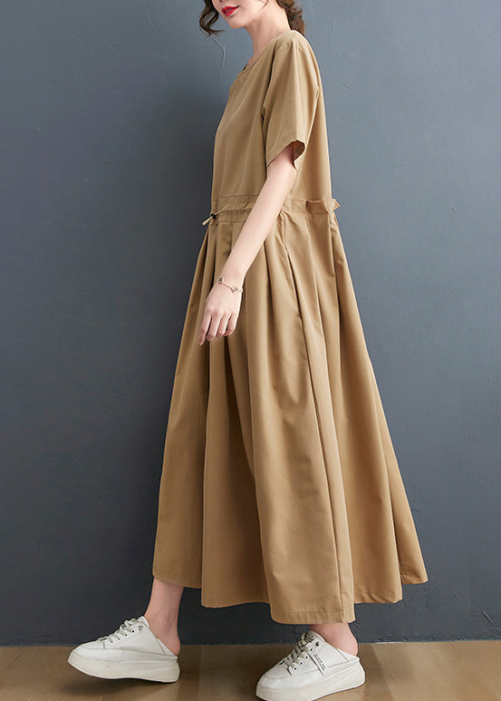 Plus Size Khaki O-Ausschnitt Falten Kordelzug Maxikleider Kurzarm