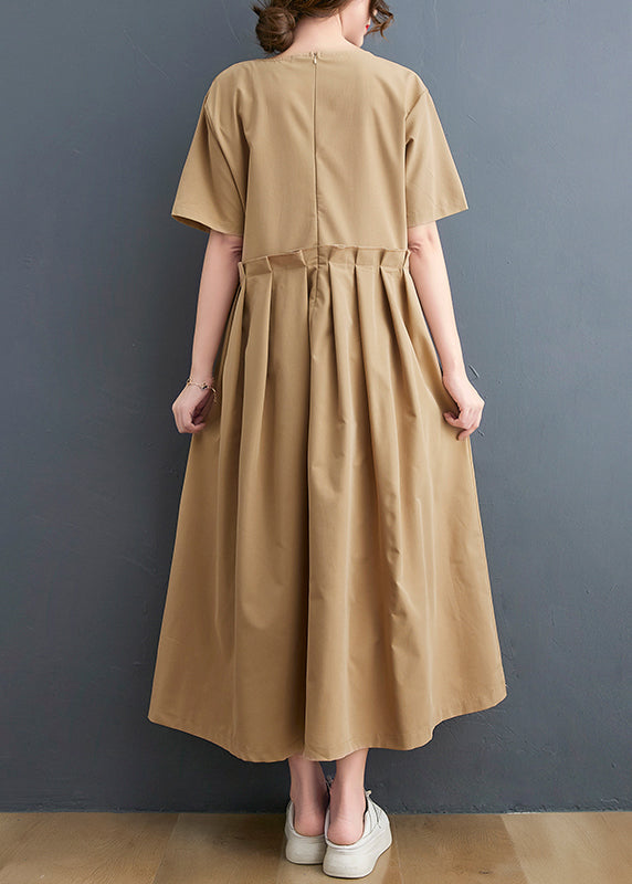 Plus Size Khaki O-Ausschnitt Falten Kordelzug Maxikleider Kurzarm