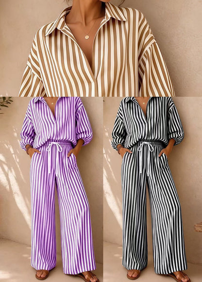 Plus Size Khaki Oversized Striped Cotton Two Piece Suit Set Fall