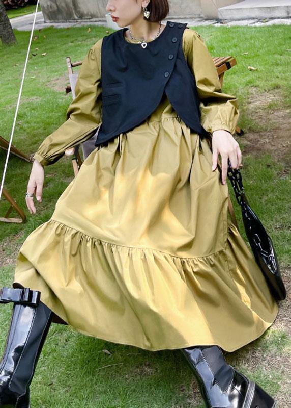 Plus Size Khaki Patchwork Button Fall Maxi Dress Long sleeve - SooLinen