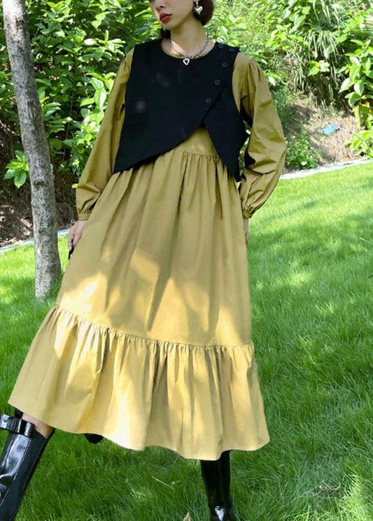 Plus Size Khaki Patchwork Button Fall Maxi Dress Long sleeve - SooLinen