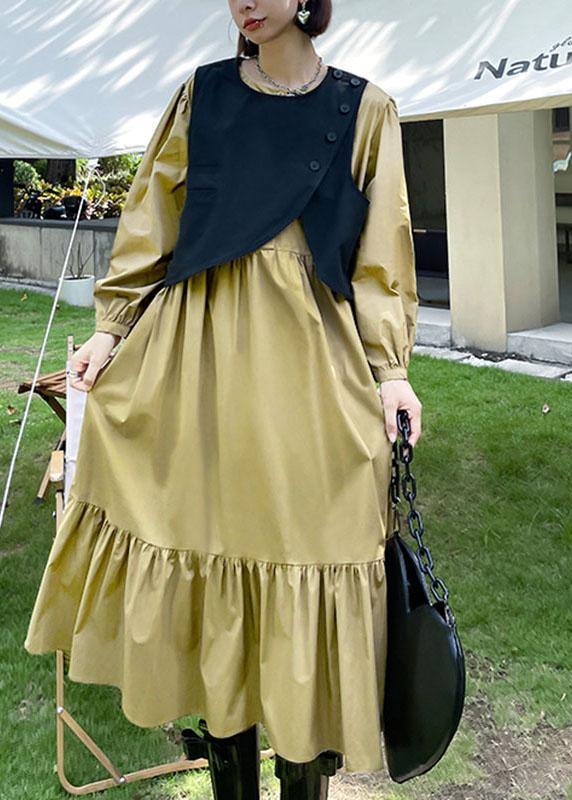 Plus Size Khaki Patchwork Button Fall Maxi Dress Long sleeve - SooLinen