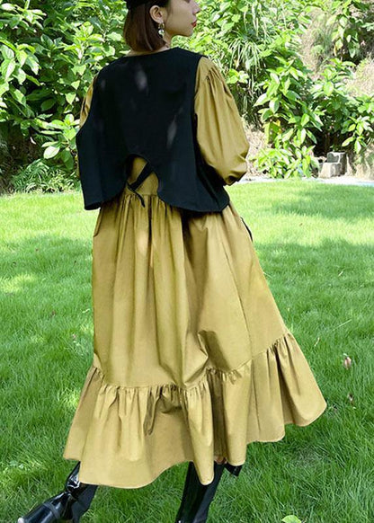 Plus Size Khaki Patchwork Button Fall Maxi Dress Long sleeve - SooLinen