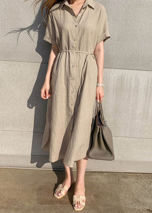 Plus Size Khaki Peter Pan Kragen Cinched Hemden Kleid Kurzarm