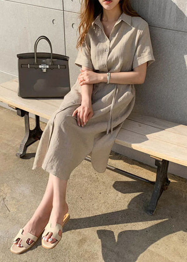 Plus Size Khaki Peter Pan Kragen Cinched Hemden Kleid Kurzarm