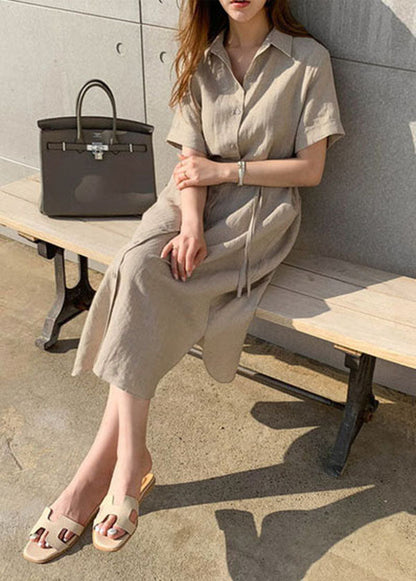 Plus Size Khaki Peter Pan Kragen Cinched Hemden Kleid Kurzarm