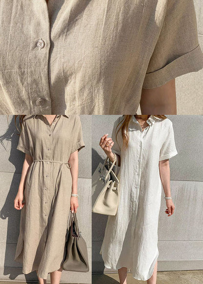 Plus Size Khaki Peter Pan Kragen Cinched Hemden Kleid Kurzarm