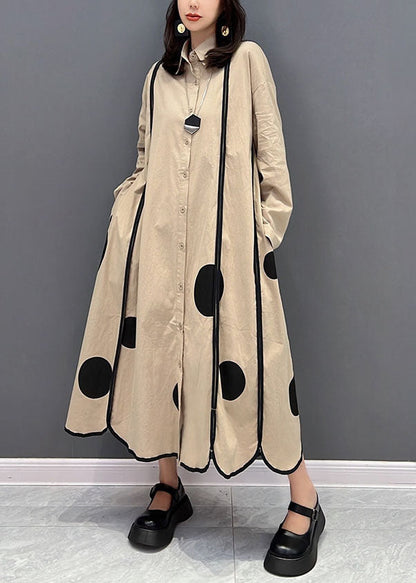 Plus Size Khaki Peter Pan Kragen Patchwork Dot Print Baumwolle Urlaubskleider Herbst