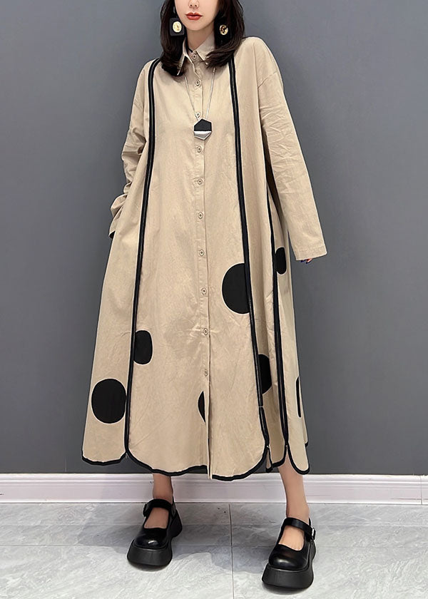 Plus Size Khaki Peter Pan Kragen Patchwork Dot Print Baumwolle Urlaubskleider Herbst