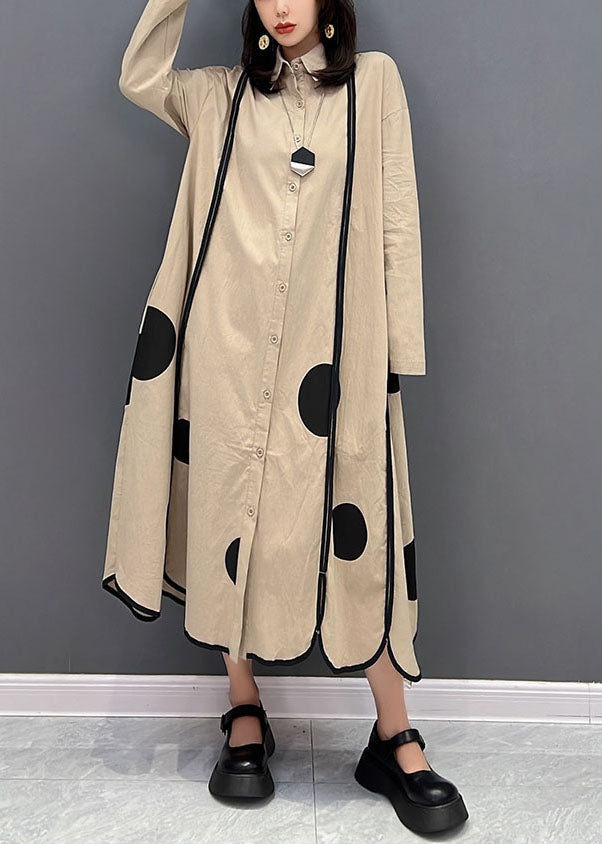 Plus Size Khaki Peter Pan Kragen Patchwork Dot Print Baumwolle Urlaubskleider Herbst